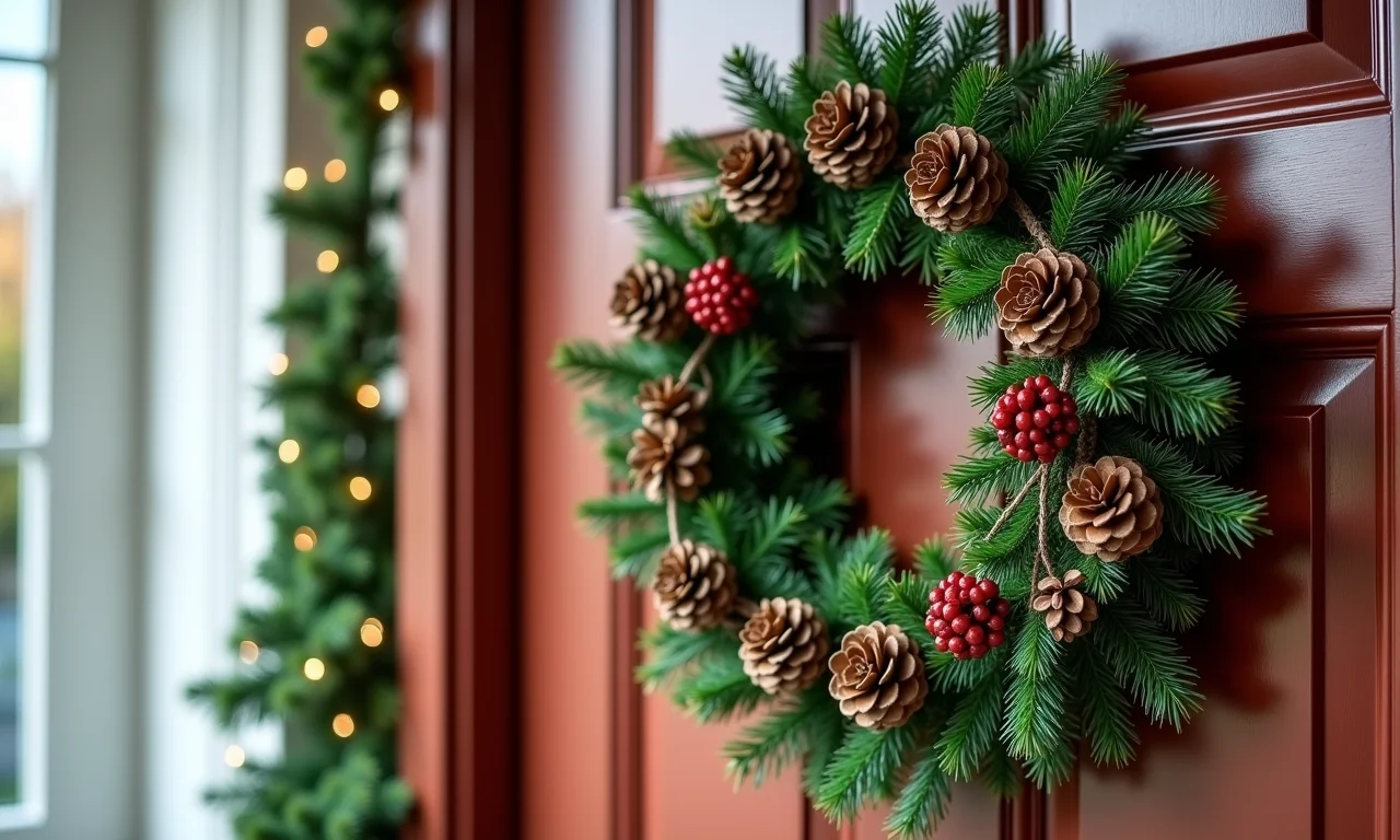 Guirlanda de Natal rústica feita com pinhas naturais.