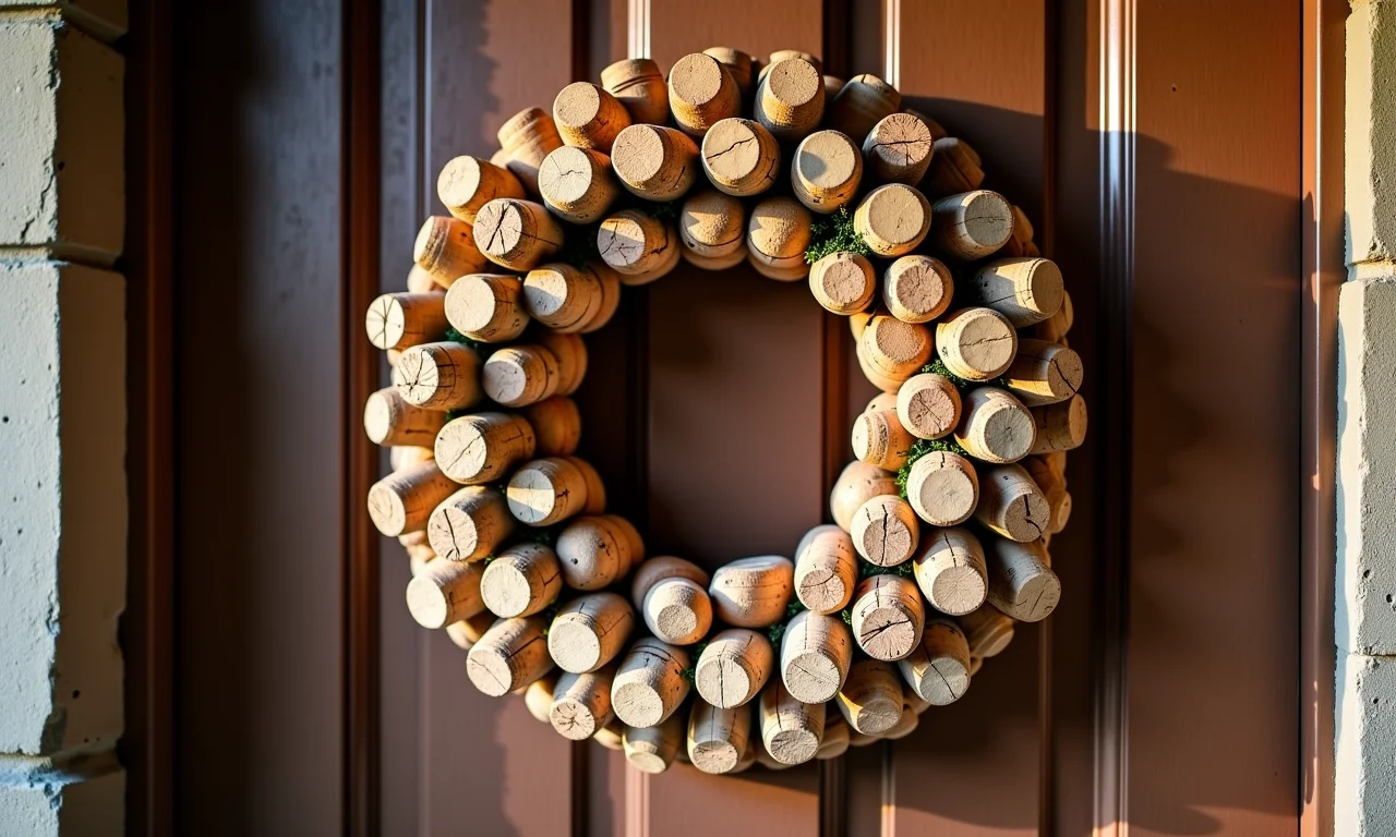 Guirlanda de Natal rústica feita de rolhas de cortiça.