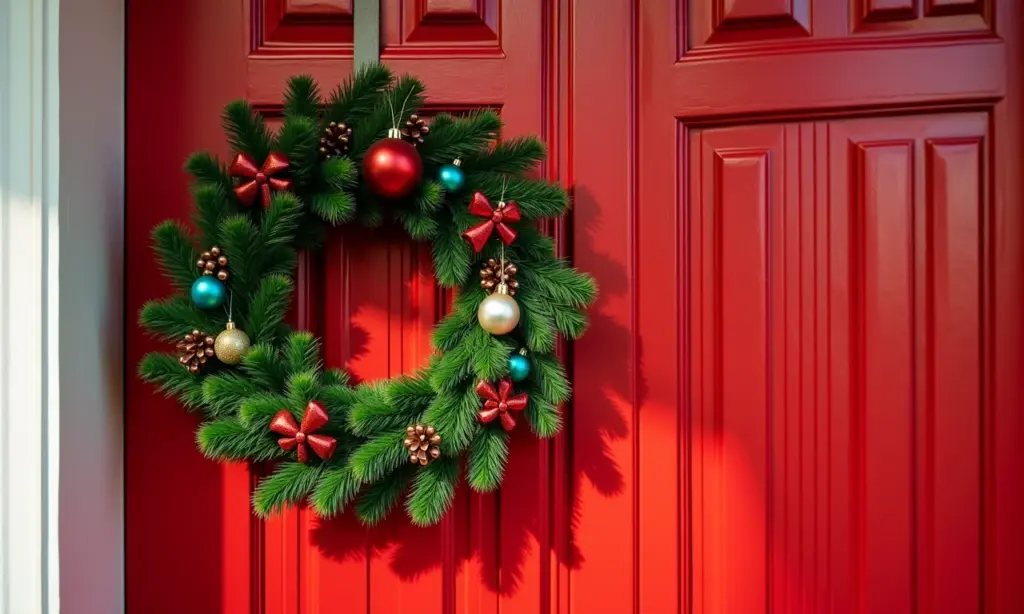 Guirlanda de Natal vibrante pendurada em porta vermelha, decoração festiva.