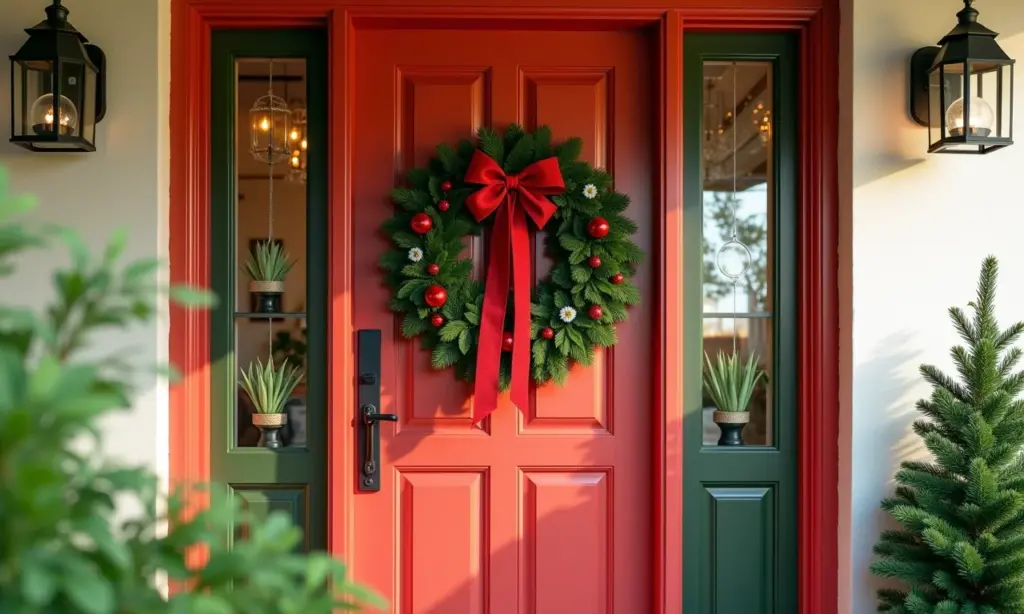 Guirlanda de Natal vibrante pendurada em uma porta de entrada decorada.