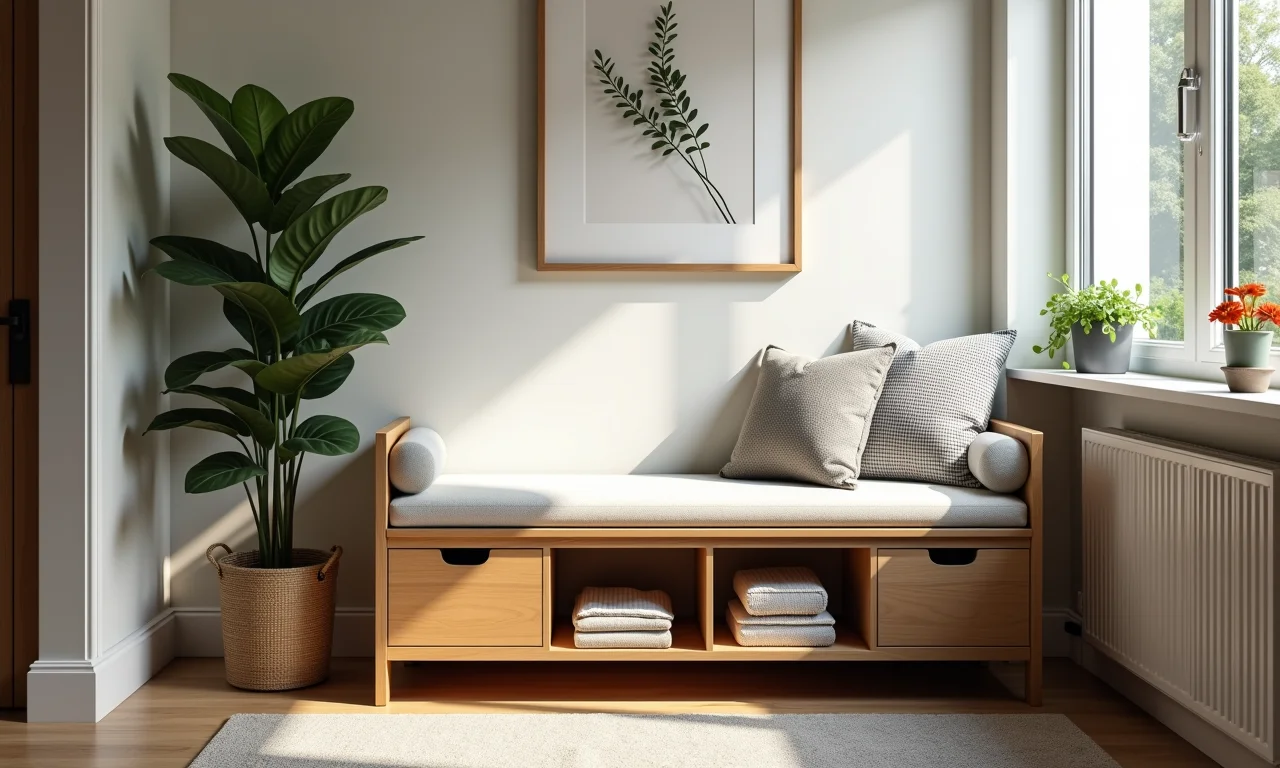 Hall de entrada pequeno com banco multifuncional e espaço para armazenamento.