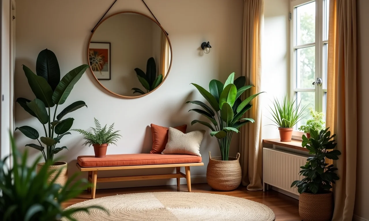 Hall de entrada pequeno com espelho redondo e decoração acolhedora.
