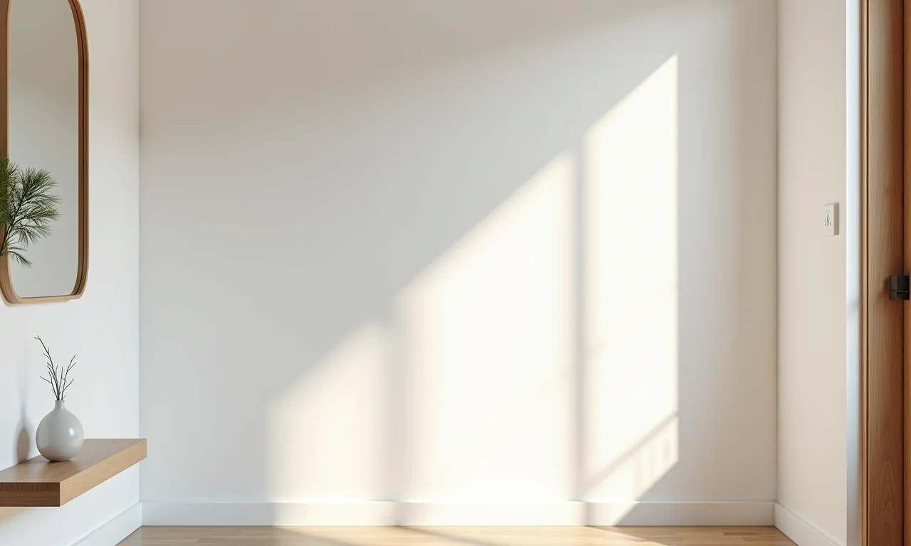 Hall de entrada pequeno com paredes brancas e espelho ampliando o espaço.