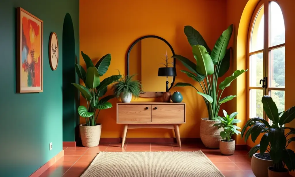 Hall de entrada pequeno decorado com cores vibrantes e espelho.