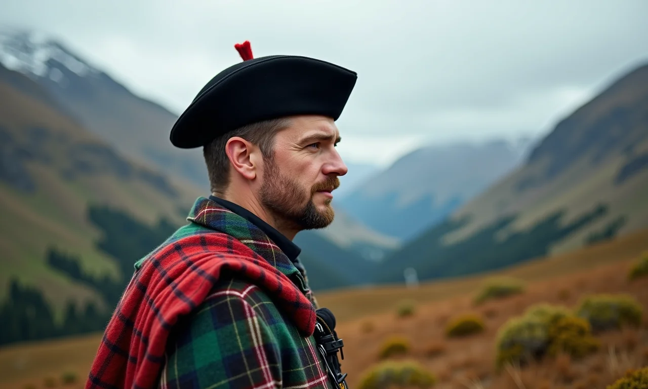 Homem com boina Balmoral nas Terras Altas da Escócia.