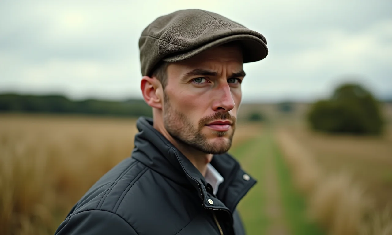 Homem com boina inglesa na paisagem campestre.