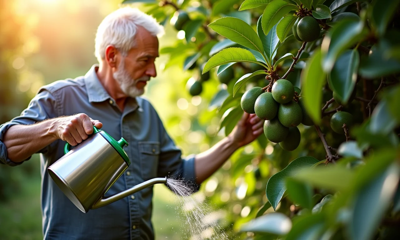 Homem cuidando de um caquizeiro saudável em seu jardim.