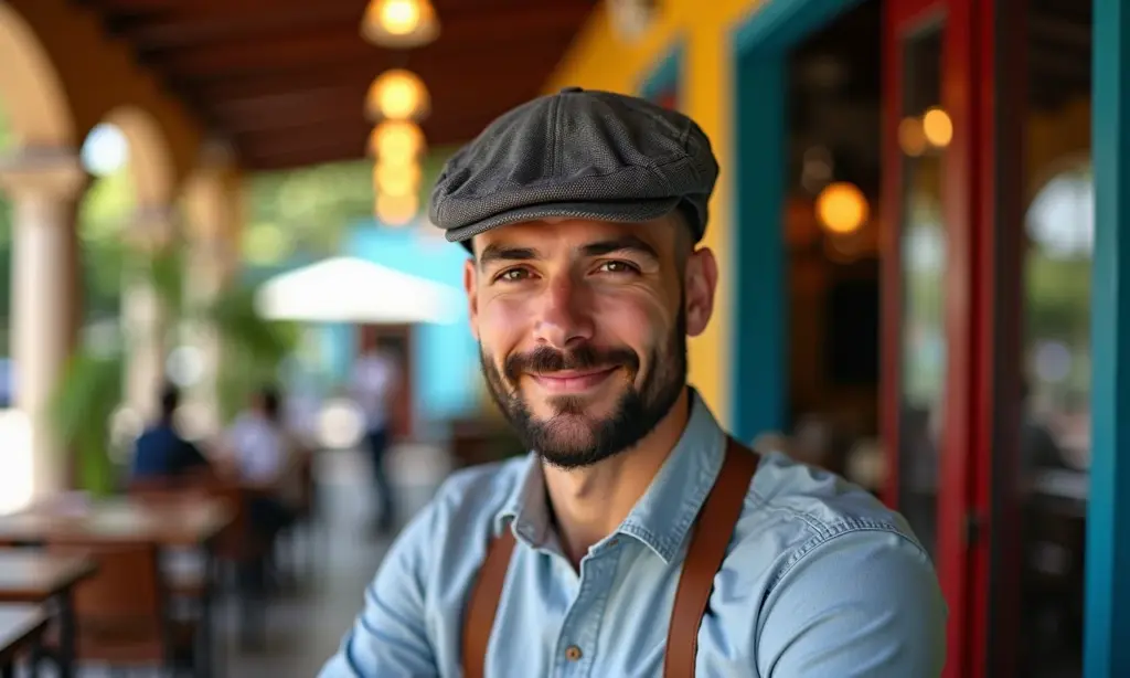 Como usar boina masculina: um guia de estilo retrô Homem estiloso usando boina em café vibrante no Brasil.