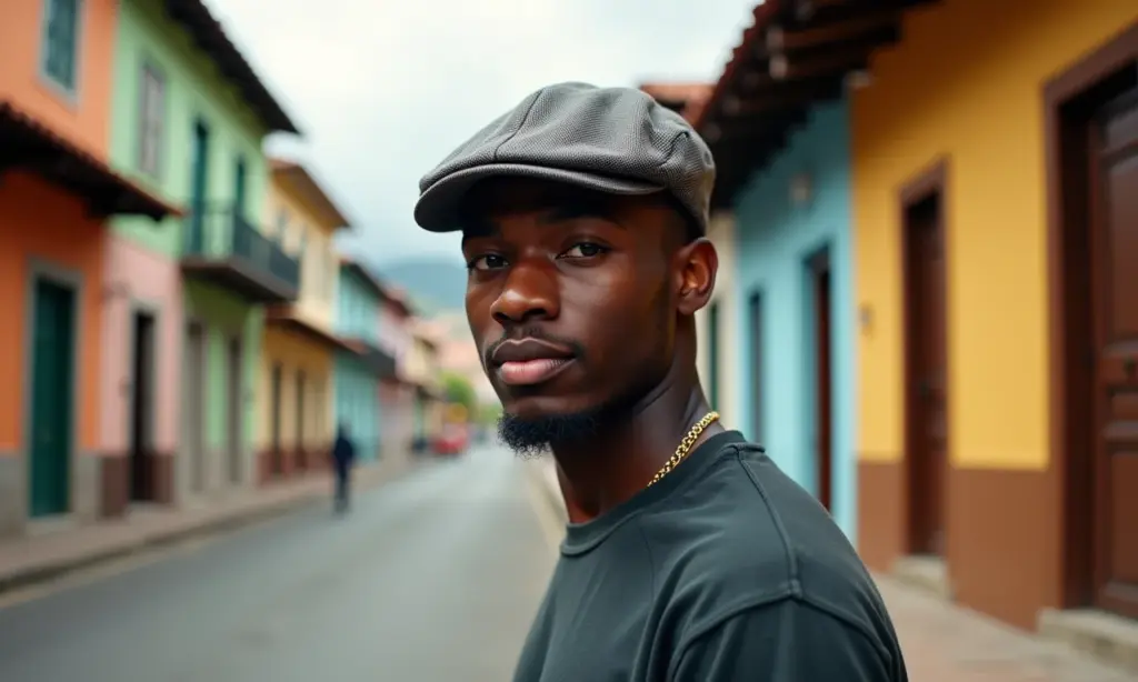 Como usar boina masculina: um guia de estilo retrô Homem estiloso usando boina em rua vibrante no Brasil.