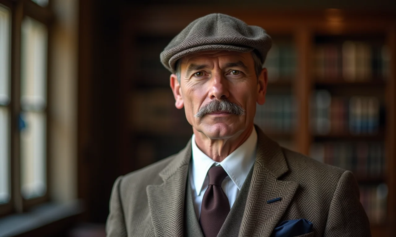 Homem maduro elegante com boina inglesa em biblioteca.