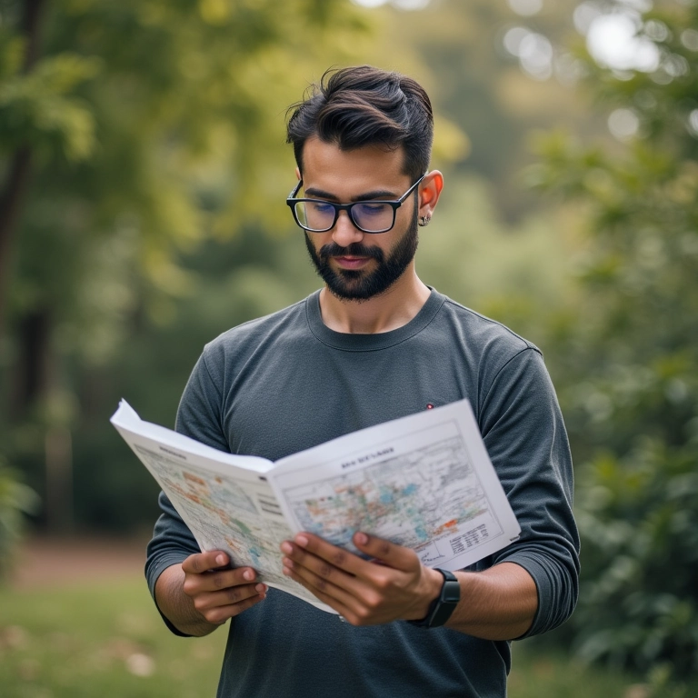 Homem planejando uso de drone com mapa e anotações.