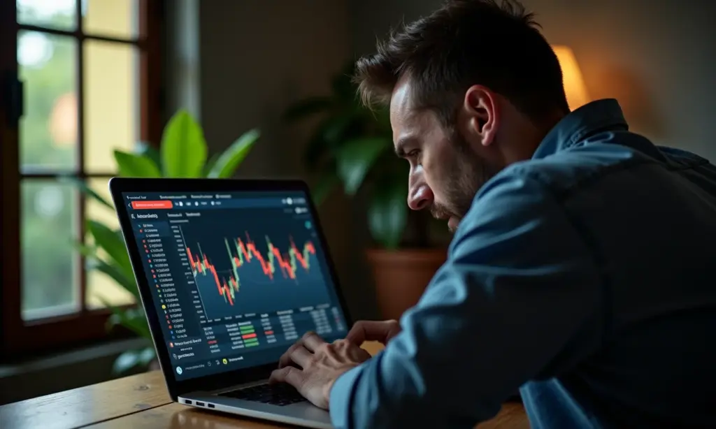 O Que é Day Trade e Por que 97% das Pessoas Perdem Dinheiro Homem preocupado olhando para a queda da bolsa no laptop.