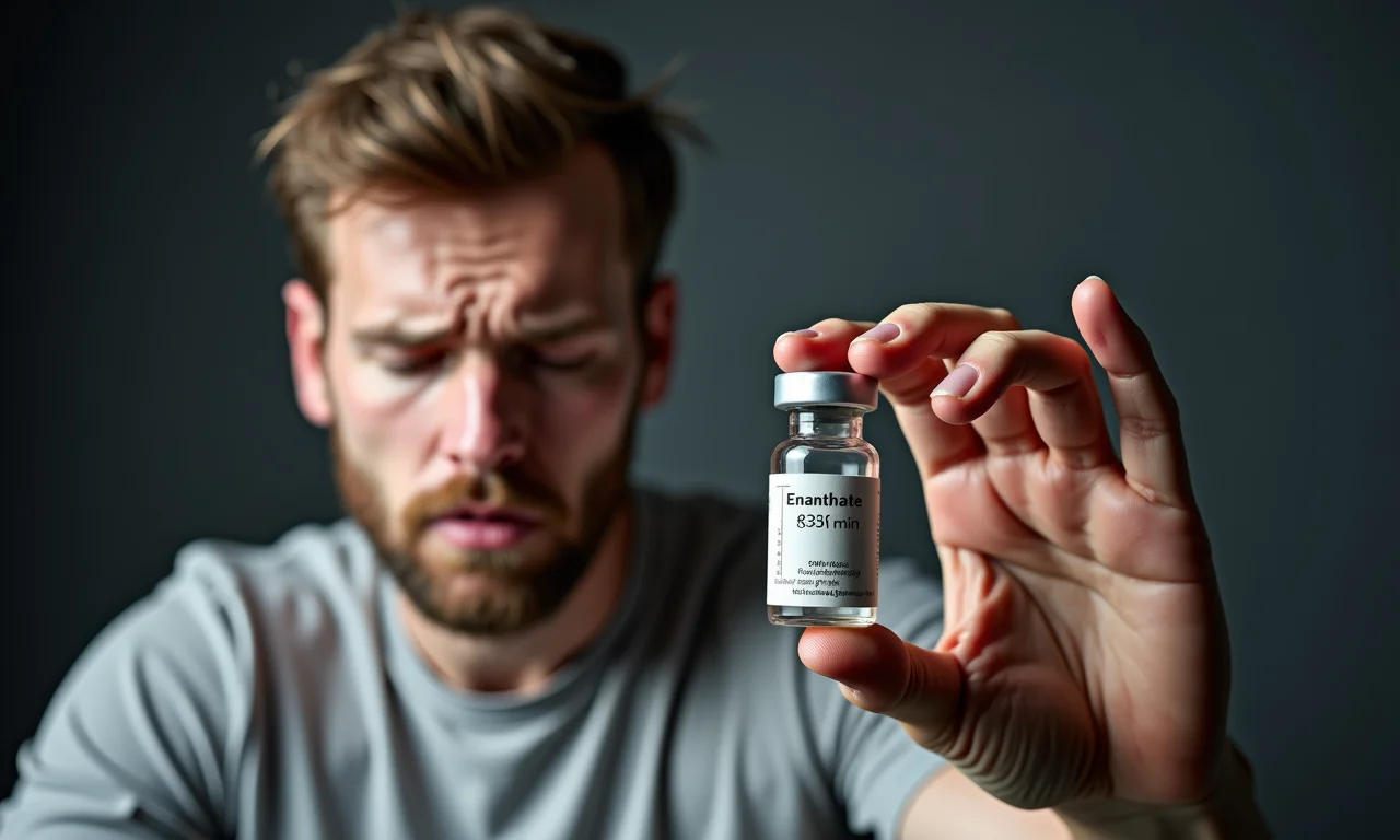 Homem sofrendo efeitos colaterais do Enantato: acne, queda de cabelo e irritabilidade.