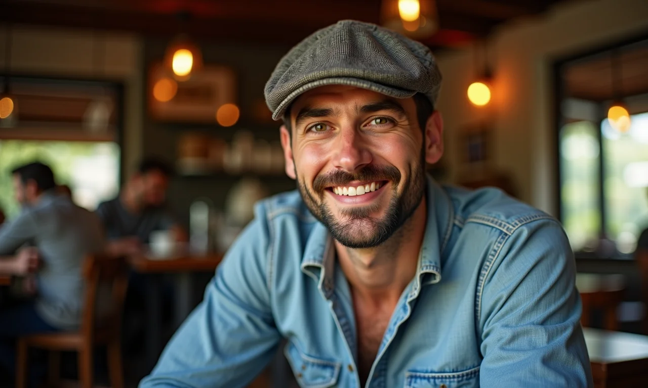 Homem usando boina italiana clássica em café aconchegante.