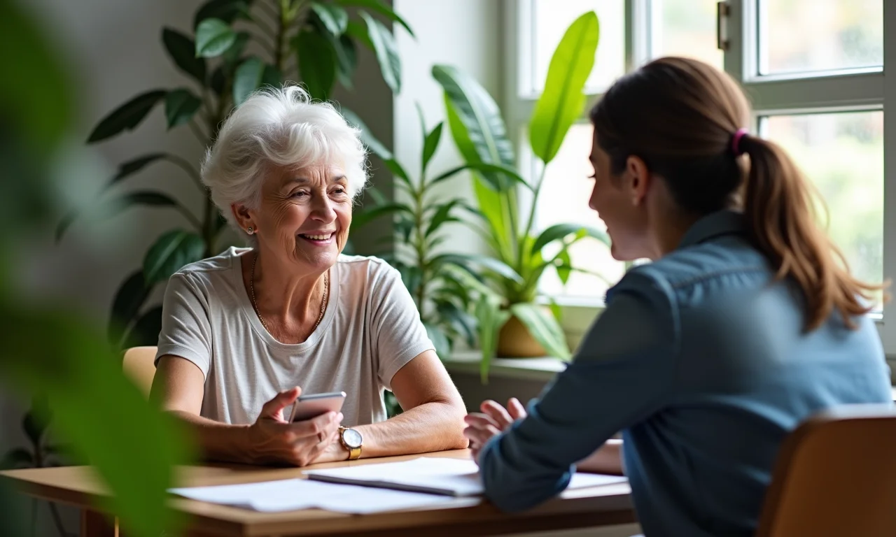 Idosa brasileira recebendo assistência social em centro comunitário acolhedor.