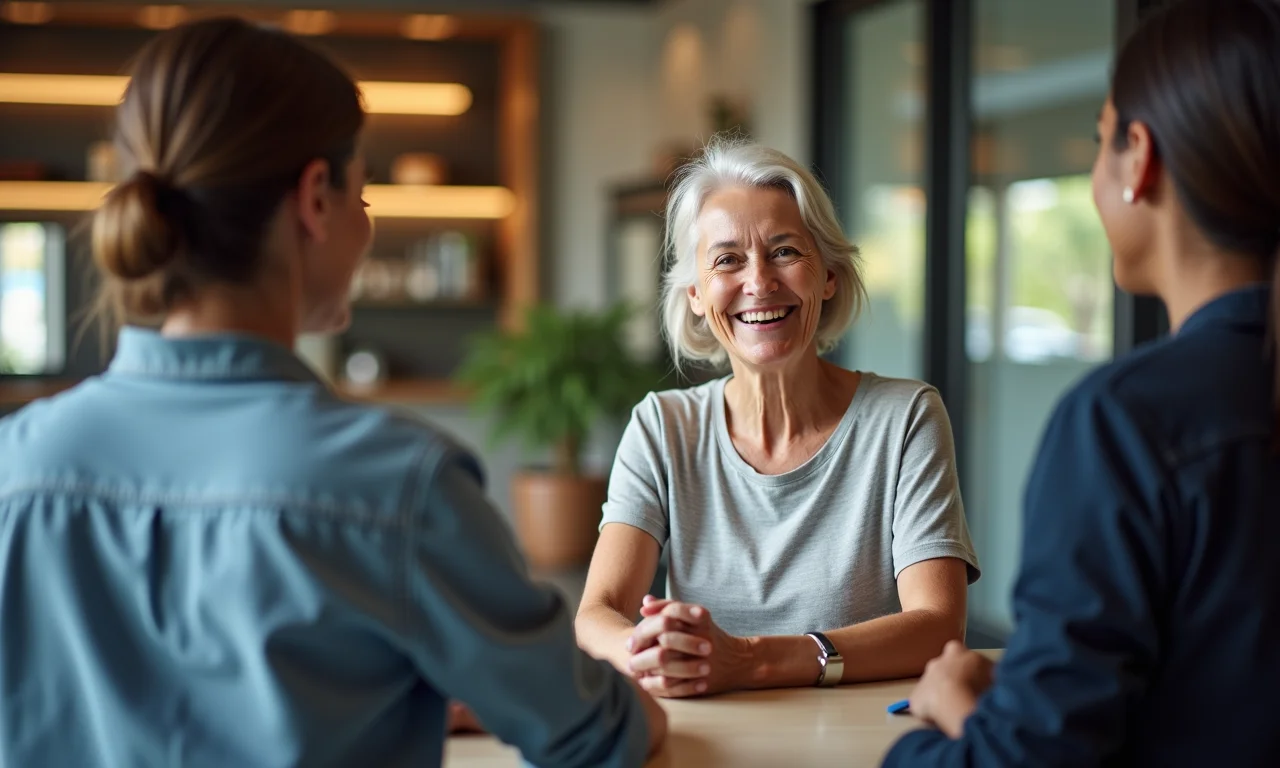 Idosa recebendo atendimento prioritário em agência bancária.