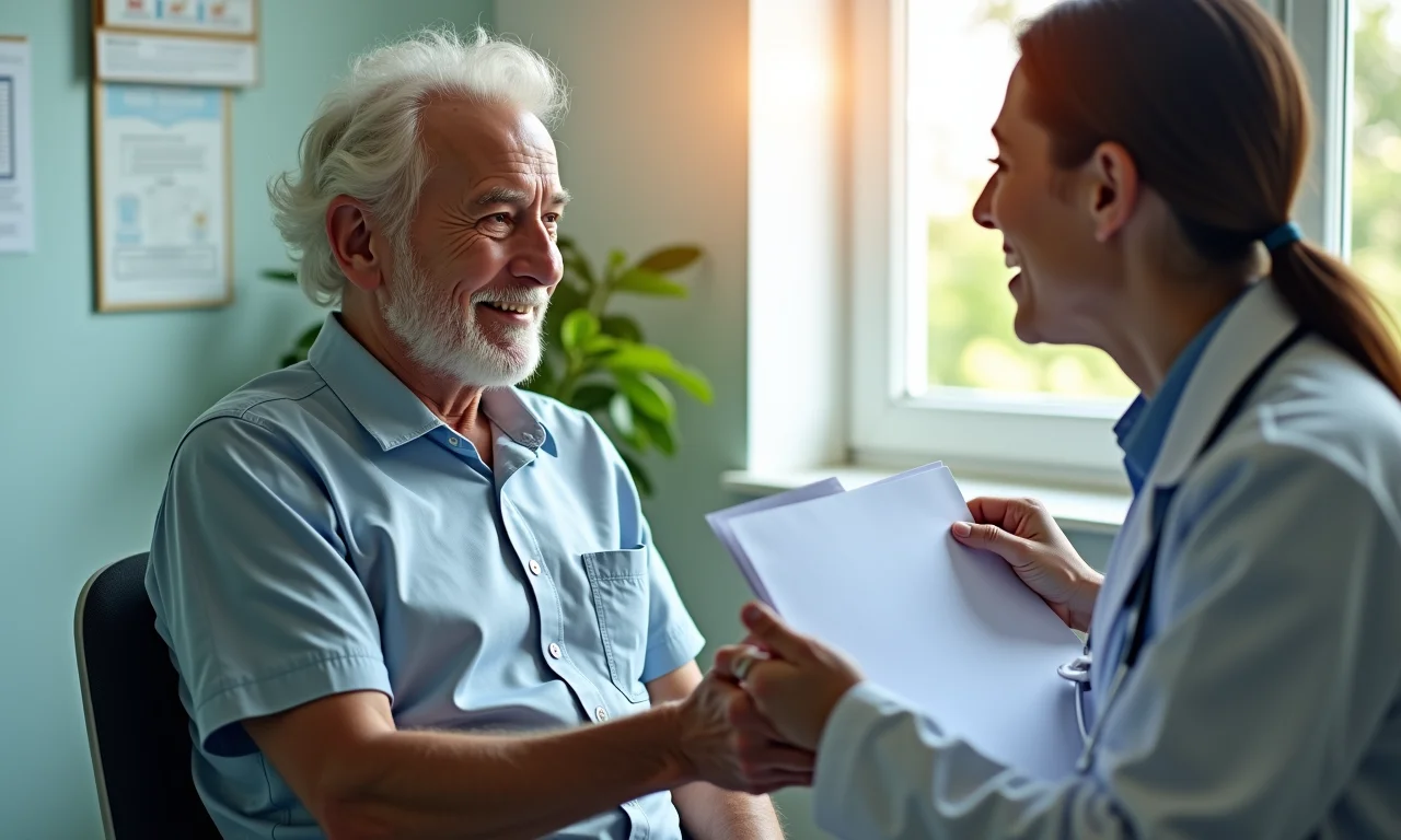 Idoso recebendo atendimento atencioso em consultório médico.