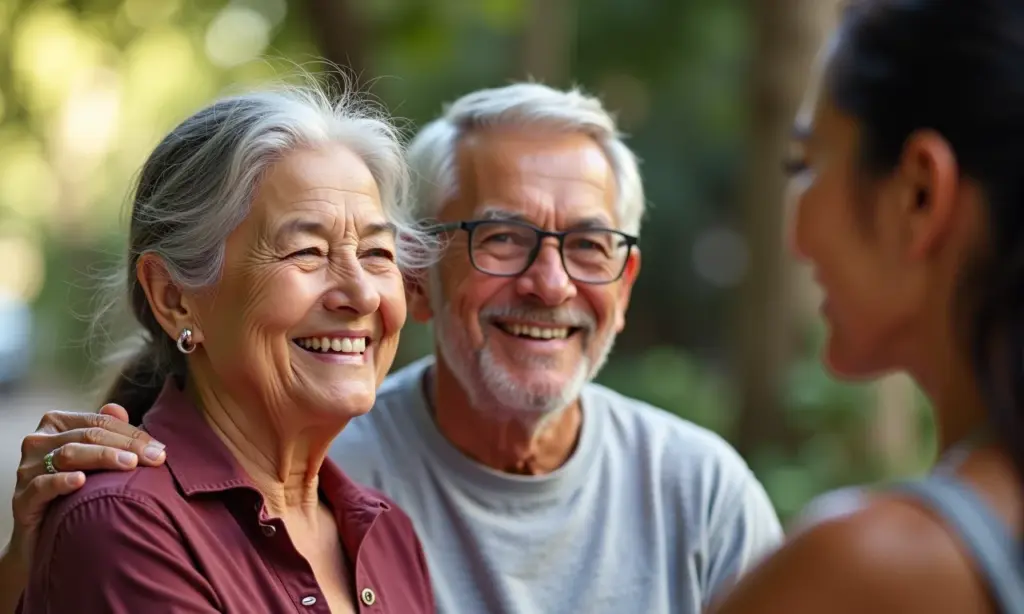 Idosos diversos sorrindo e recebendo assistência em ambiente acolhedor.