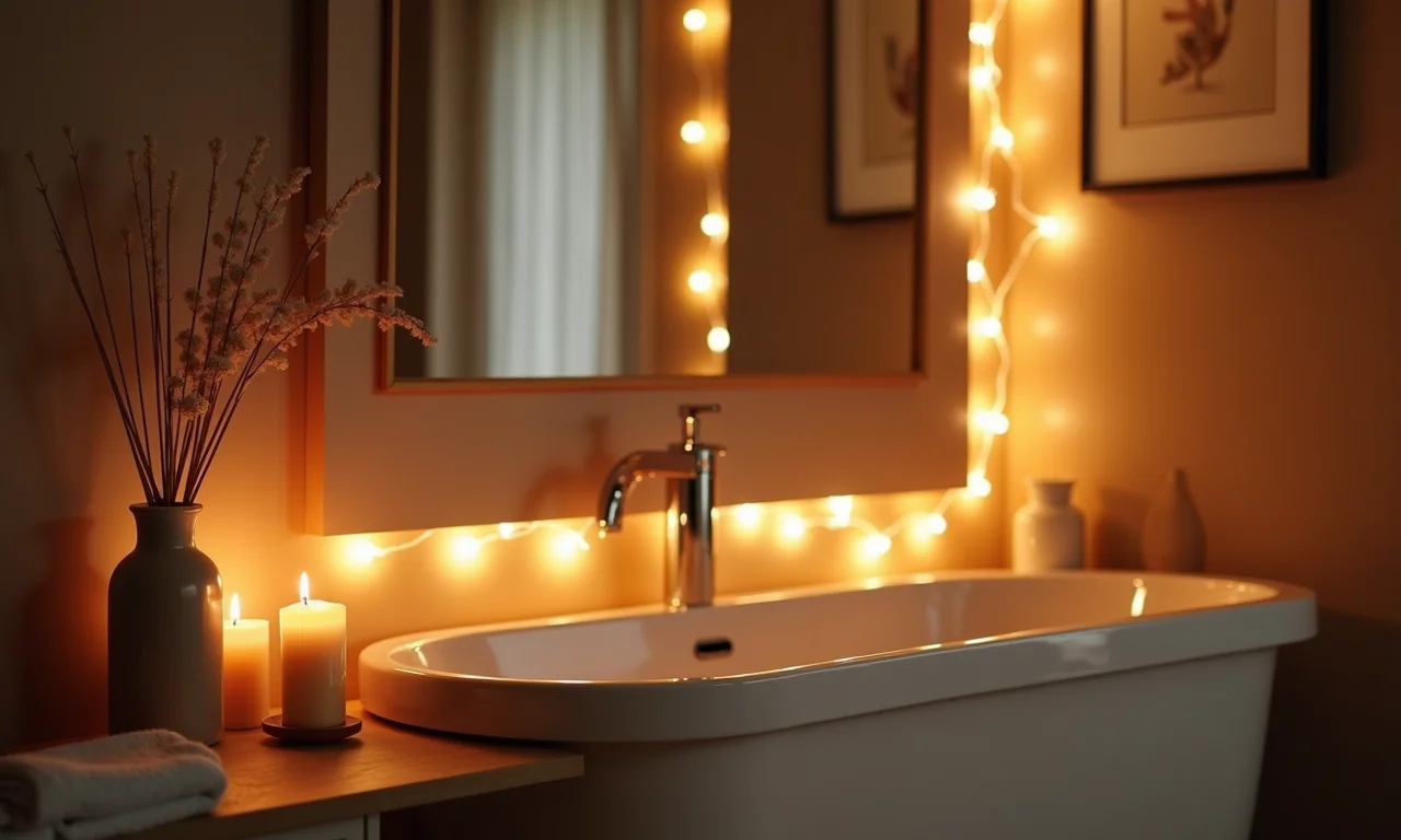 Iluminação aconchegante em um banheiro transformado em spa.