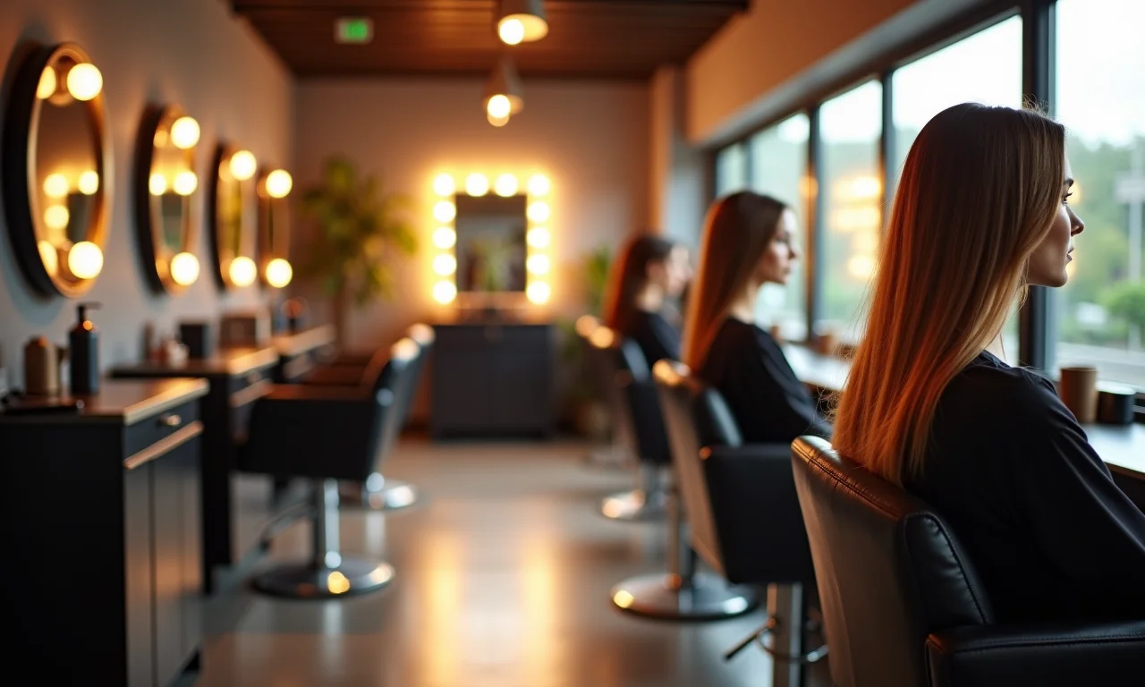 Iluminação estratégica realçando as estações de trabalho em salão de beleza.