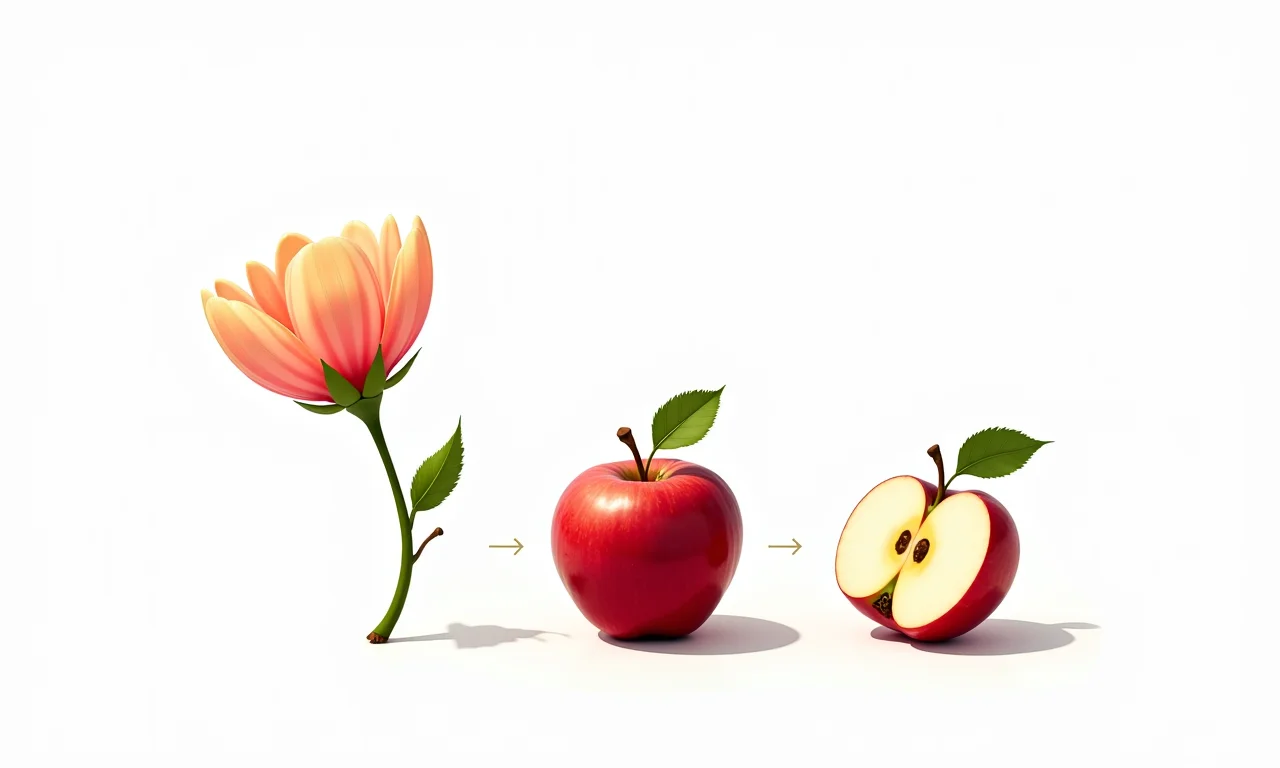 Ilustração botânica do desenvolvimento de uma maçã a partir da flor.
