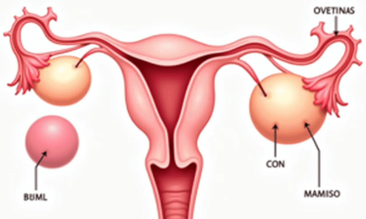 Ilustração médica dos diferentes tipos de cistos ovarianos.