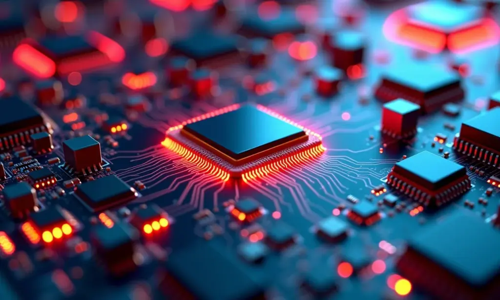 Imagem macro de uma placa de circuito de semicondutores com microchips e conexões globais.