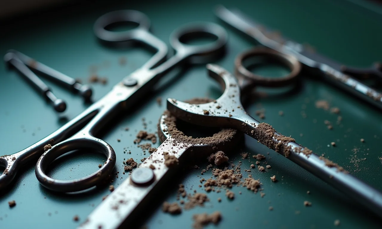Instrumentos cirúrgicos de aço corroídos.