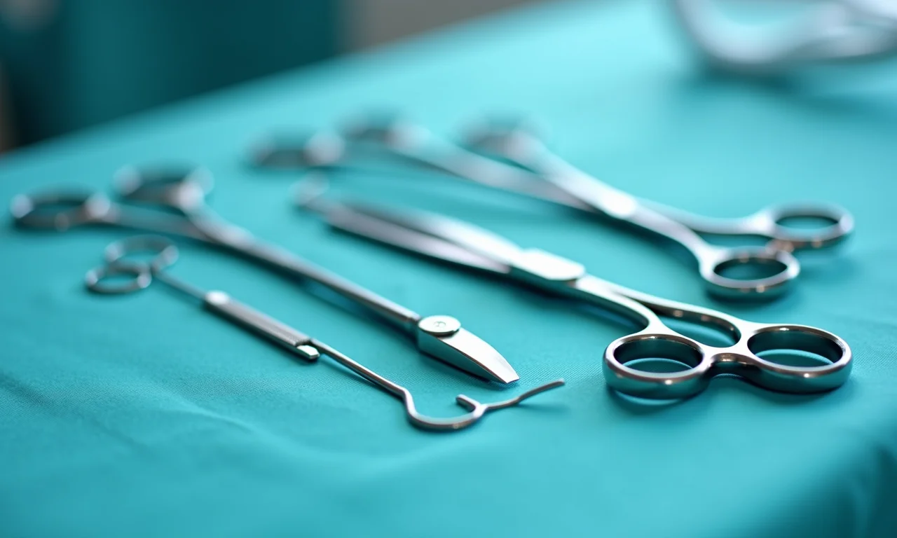 Instrumentos cirúrgicos de aço inoxidável em mesa esterilizada.