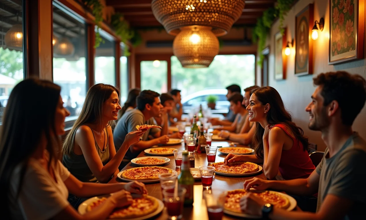 Interior acolhedor da Bráz Pizzaria com clientes diversos saboreando pizza.