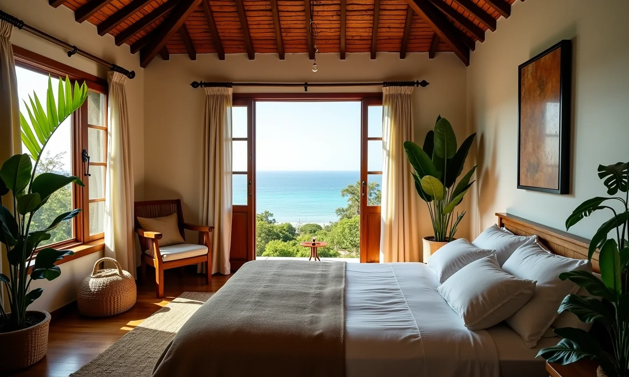 Interior aconchegante de pousada em São Miguel dos Milagres, com decoração rústica e vista para o mar.