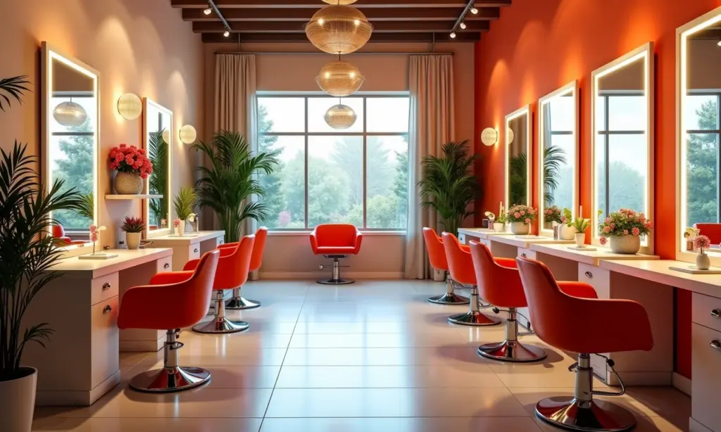 Interior convidativo de um salão de beleza moderno e atraente.