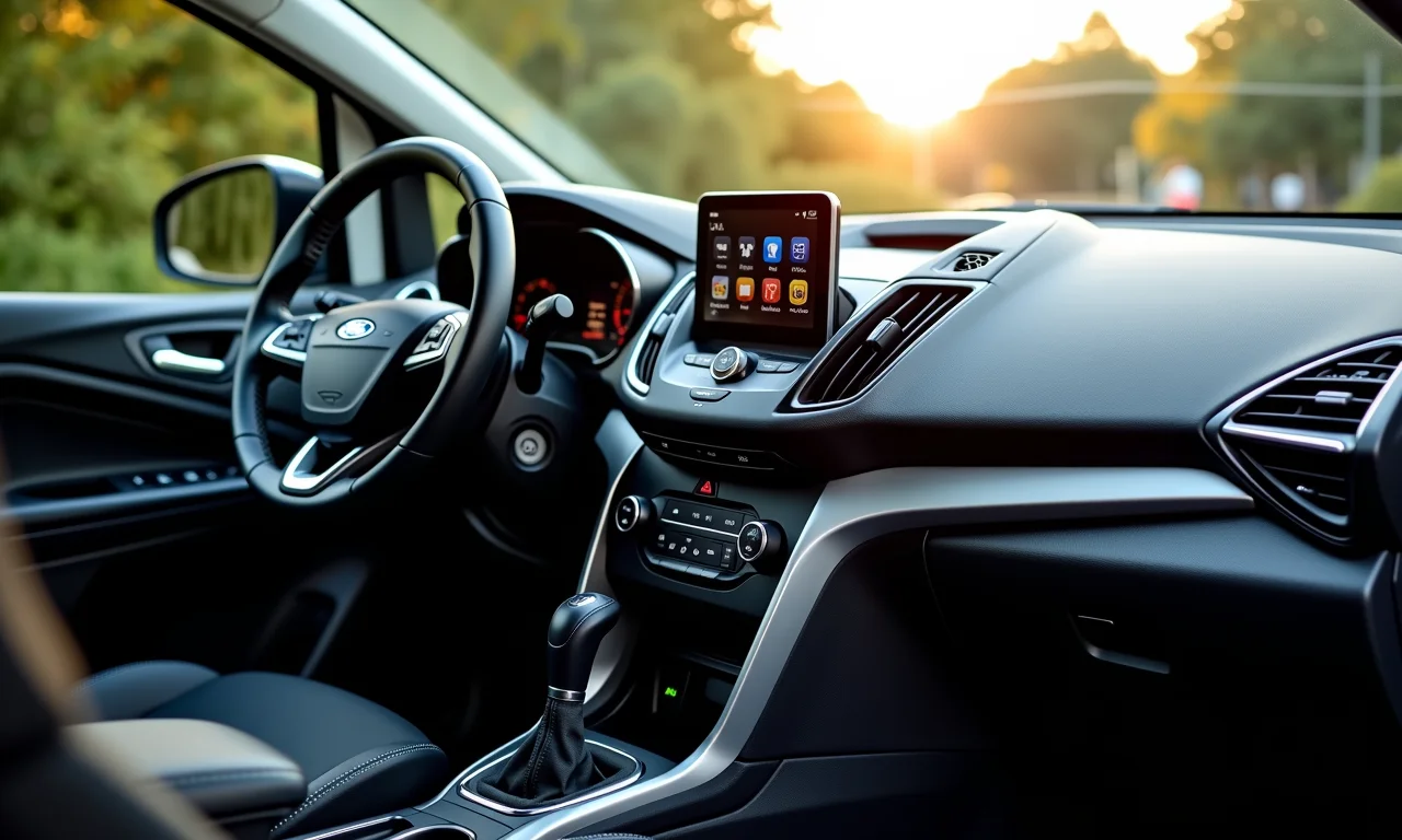 Interior da Ecosport Freestyle com painel moderno e integração com smartphone.