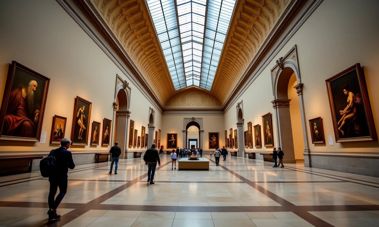 Interior do Museu do Louvre com obras de arte famosas.