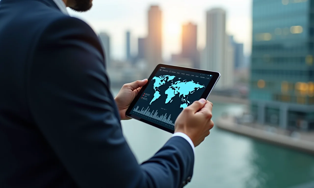 Investidor analisa dados do mercado global em tablet, protegendo seu patrimônio da inflação.