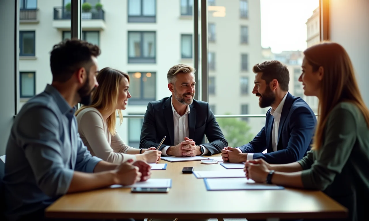 Investidores discutindo intenções de compra em reunião.
