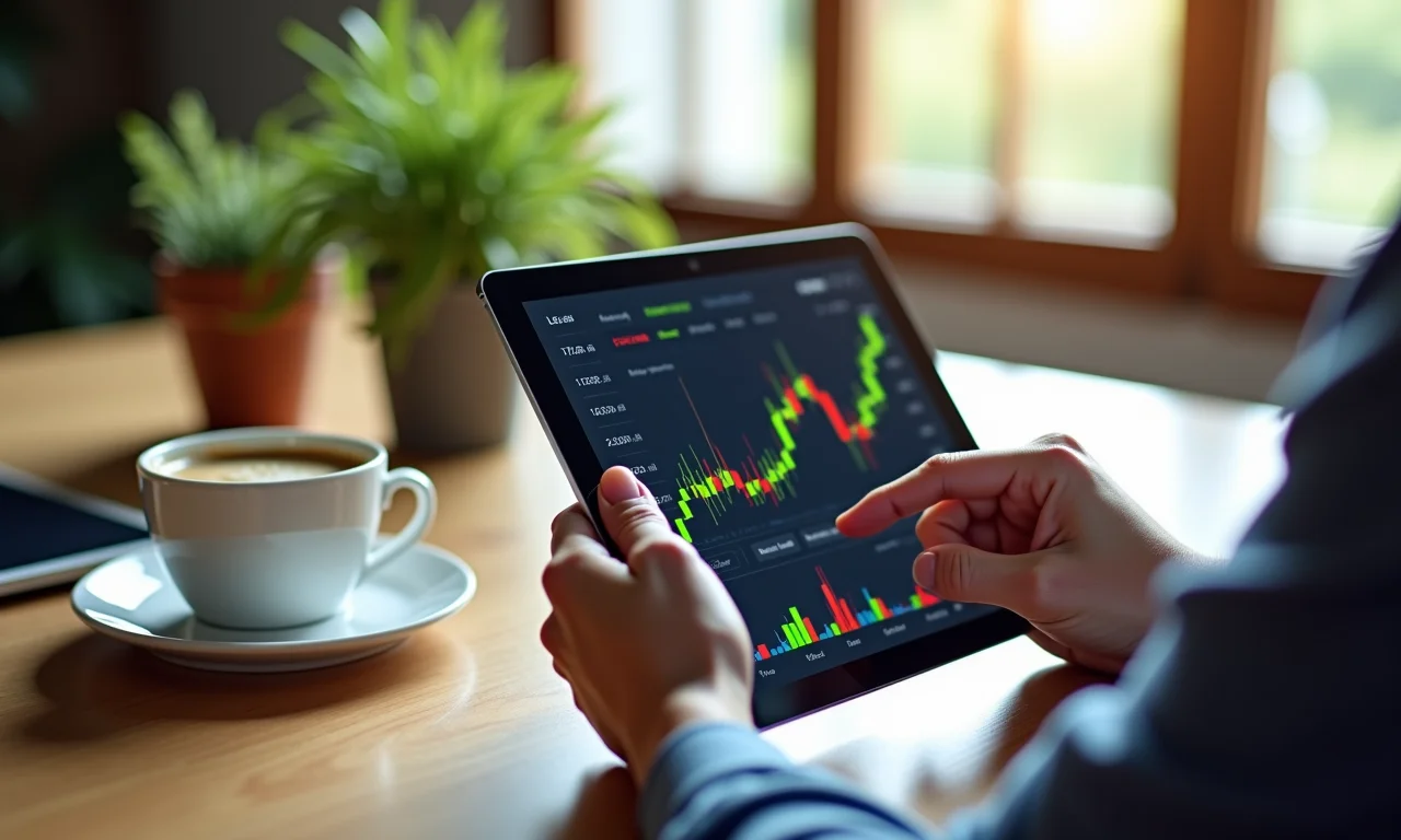 Investimentos: mãos usando tablet com gráficos da bolsa, representando o uso inteligente do FGTS.