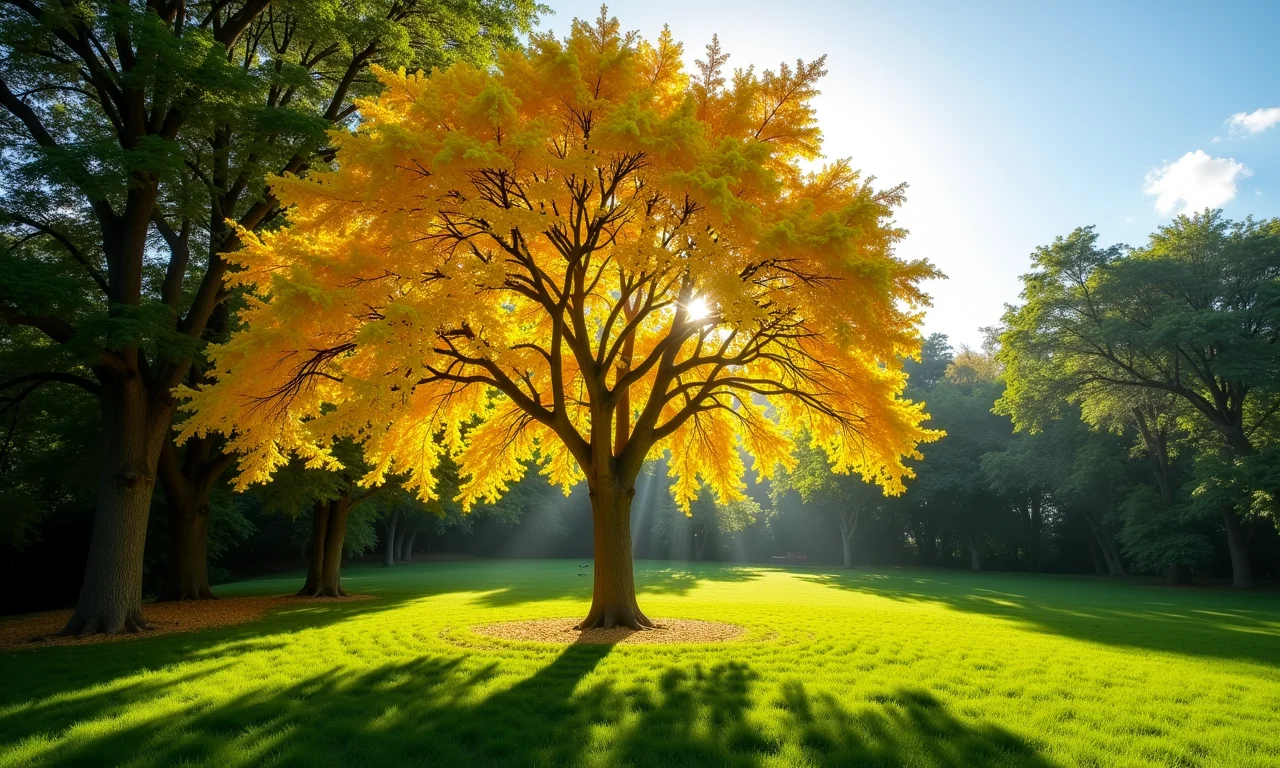 Ipê amarelo recebendo luz solar direta em um jardim.