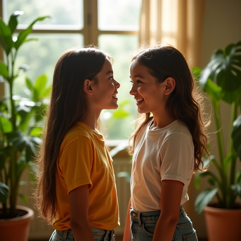 Irmãos adultos conversando em sala ensolarada, representando os benefícios emocionais da convivência.