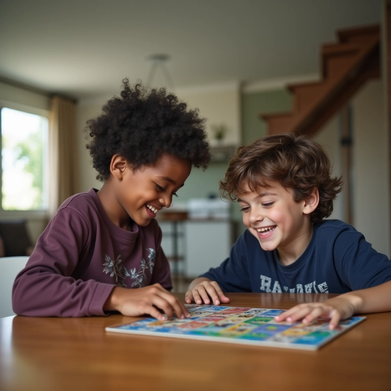 Irmãos adultos jogando em apartamento moderno, ilustrando o desenvolvimento de habilidades sociais.