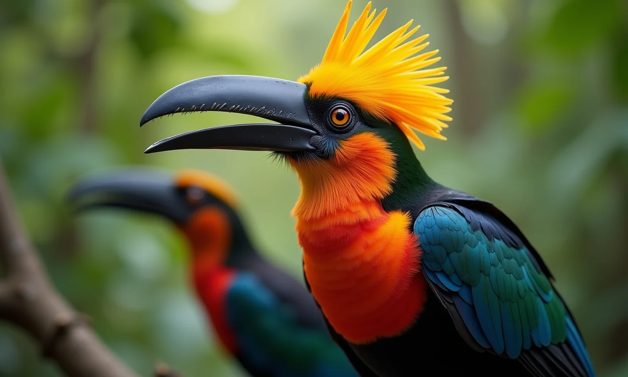 Jacu macho com detalhes coloridos proeminentes, jacu fêmea ao fundo.