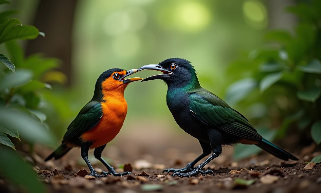 Jacu macho em comportamento de cortejo, vocalizando perto da fêmea.