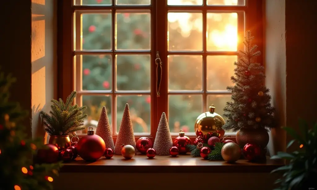 Decoração de Natal na Janela: 20 Ideias Iluminadas Janela decorada para o Natal com diversos enfeites e iluminação aconchegante.