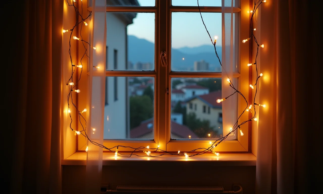 Janela iluminada com luzes pisca-pisca em um apartamento aconchegante no Brasil.