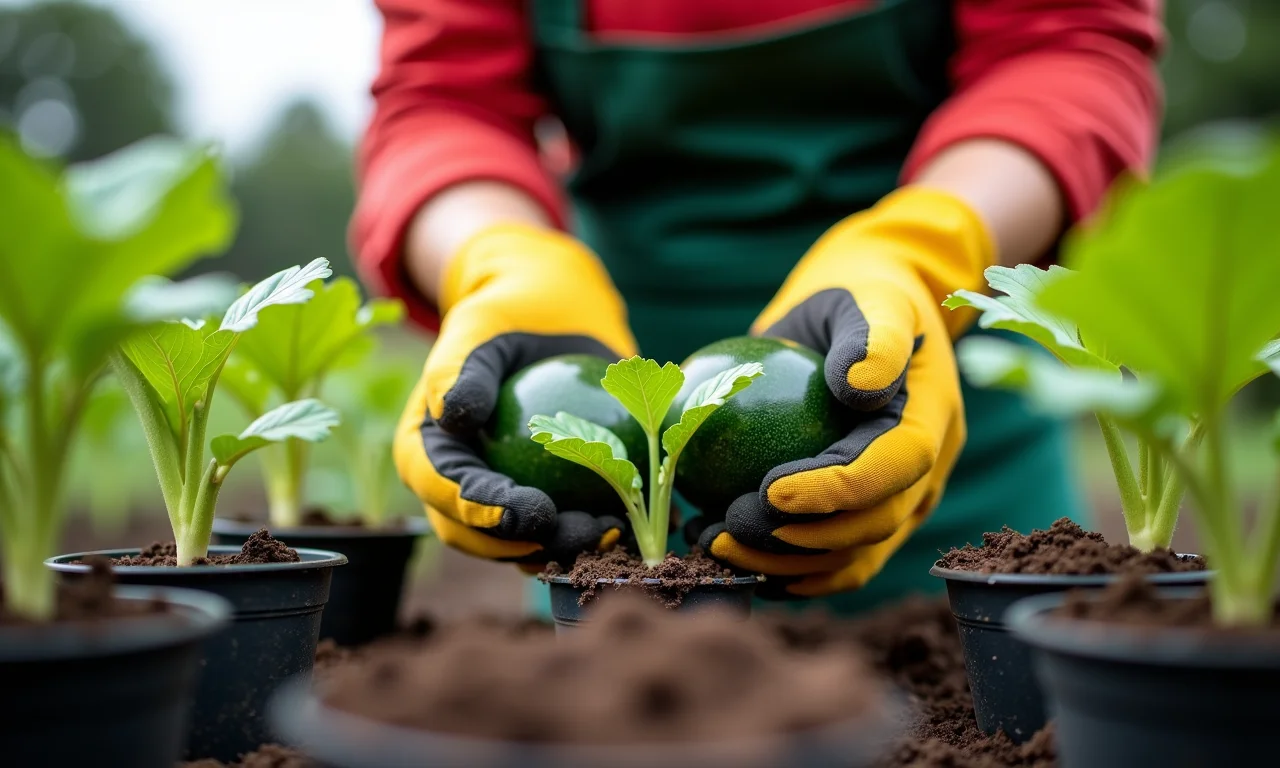 Jardineira examinando mudas de abobrinha.