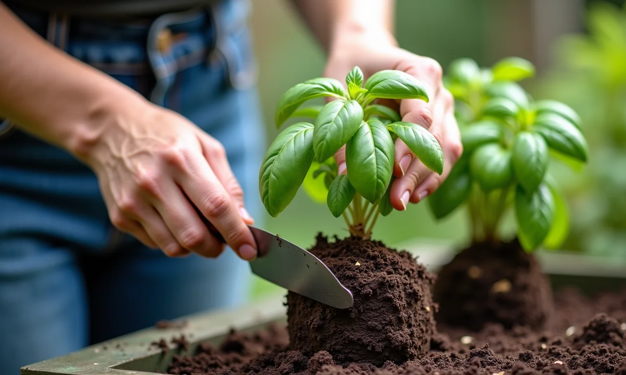 Jardineira experiente transplantando manjericão com galho em vaso maior, com cuidado.