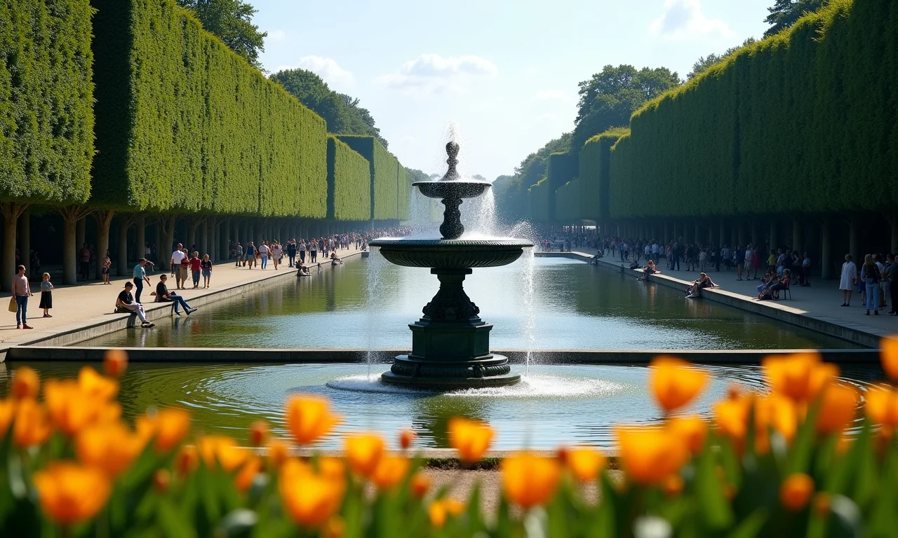 Jardins de Luxemburgo com fonte, flores e pessoas relaxando.