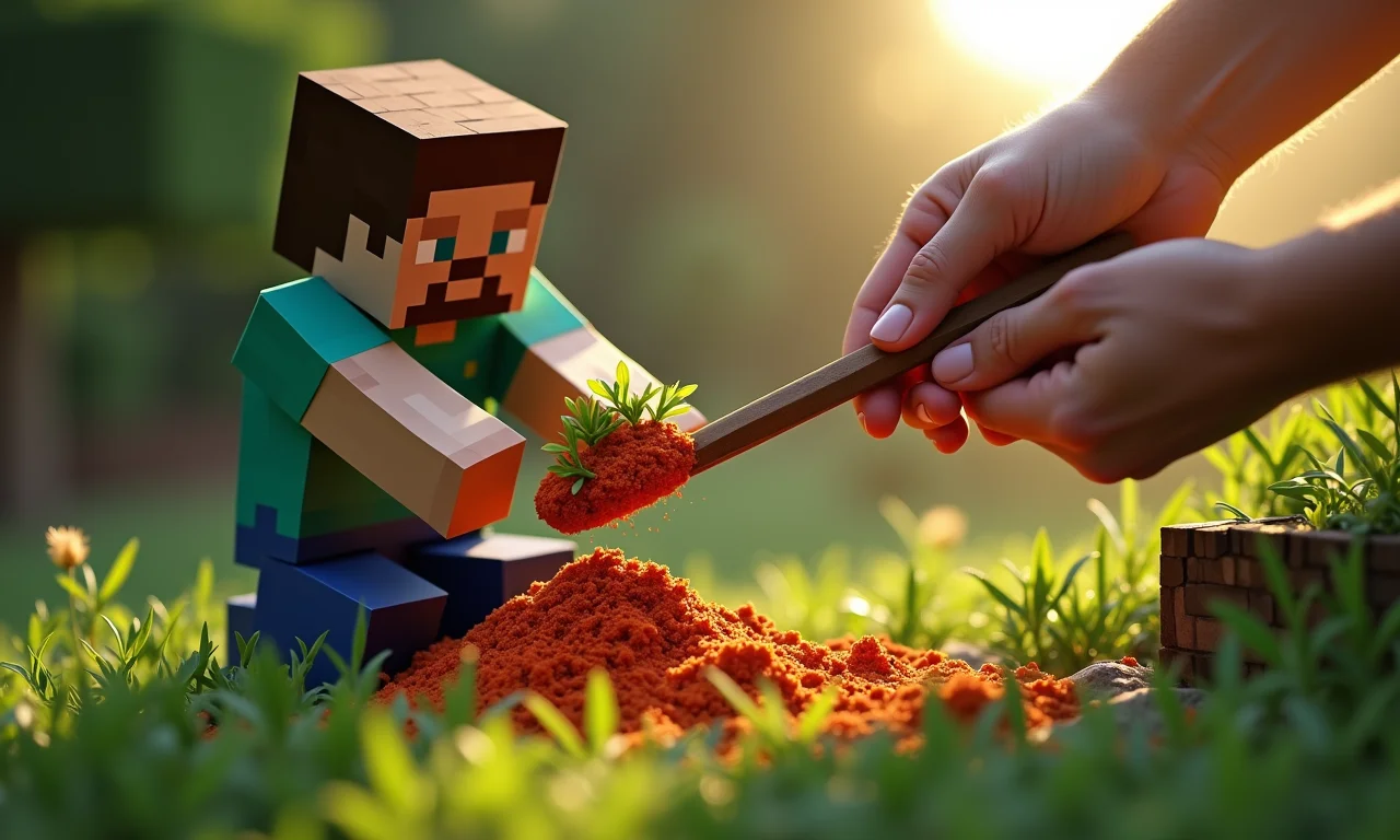 Jogador de Minecraft usando farinha de osso para acelerar o crescimento de Fungo do Nether.