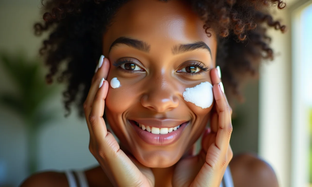 Jovem adulta aplica protetor solar cremoso no rosto em ambiente interno.