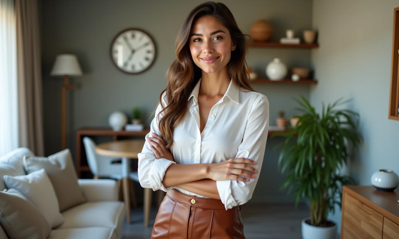 Jovem com saia de couro marrom e camisa branca em apartamento moderno com decoração brasileira.